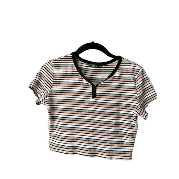 SHEIN Striped Ribbed Crop Top‎ with Button Detail - Casual Summer Y2K Style - Picture 1 of 5
